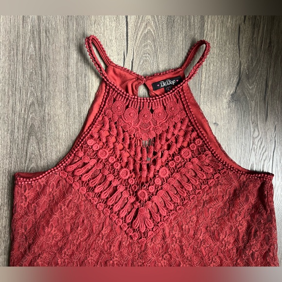 Free People Style Red Lace Halter Mini Dress Crochet Boho A Line Large - Picture 13 of 14